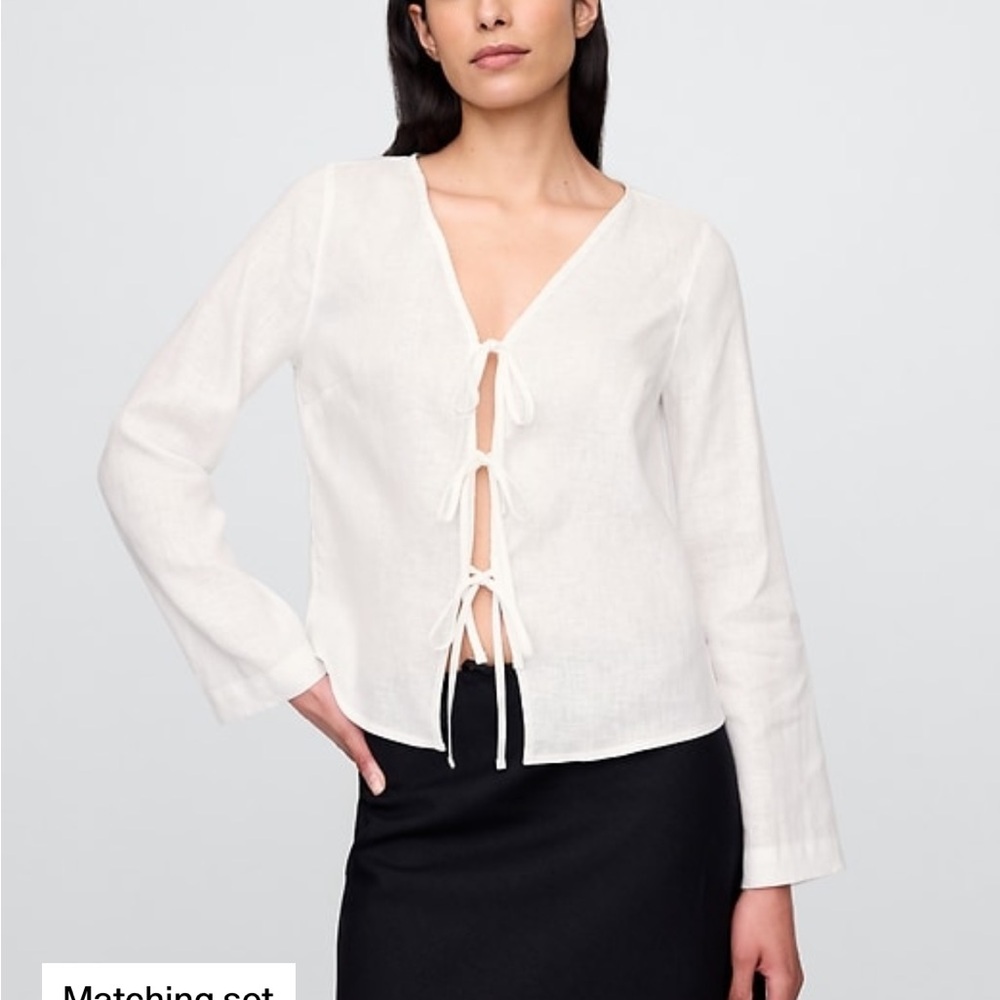 100% Linen White tie front top